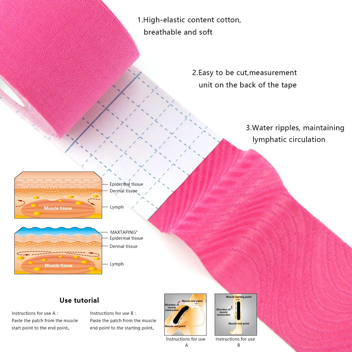AUPCON Uncut Kinesiology Athletic Tape Hypoallergenic Tape Recovery Sports Cotton Elastic Adhesive5CM*5M（2pink） Pink