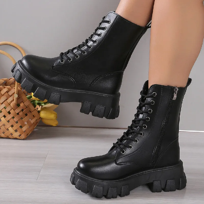 Chunky platform mid calf combat boots