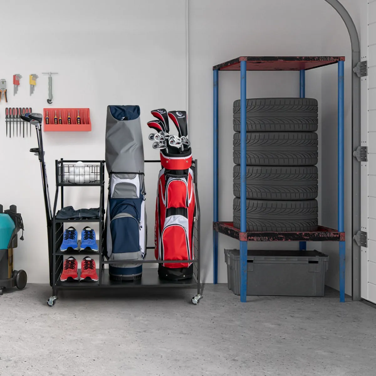 NNECW Golf Bag Storage Rack with Lockable Universal Wheels for Golfing Equipment