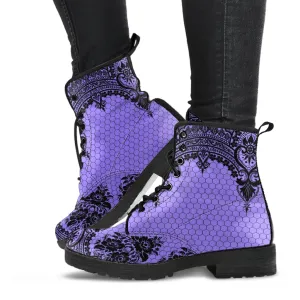 Purple Combat Boots-Gothic Lace Print 112 | Unisex Boots, Custom Shoes, Hippie Boots, Lace Up Boots, 90s Boots, Women's Boots